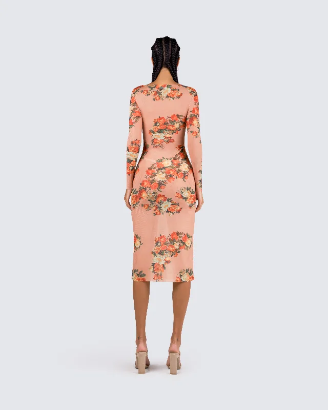 Gardenia Rose Print Mesh Midi Dress