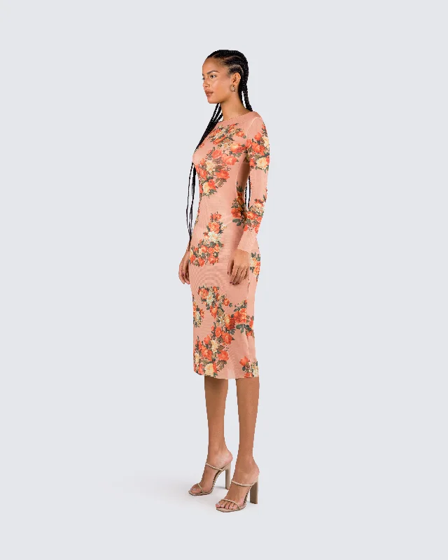 Gardenia Rose Print Mesh Midi Dress