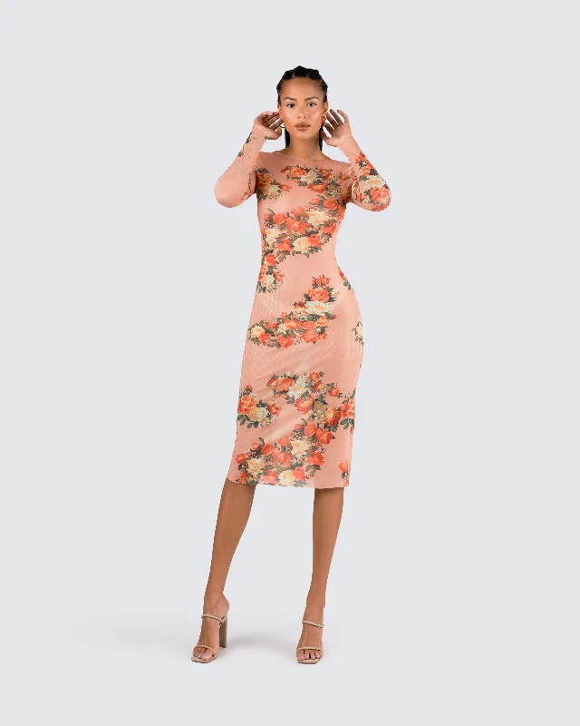 Gardenia Rose Print Mesh Midi Dress