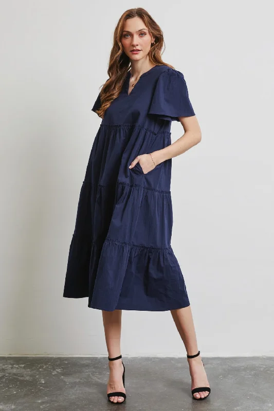 Full Size Cotton Poplin Ruffled Tiered Midi Dress