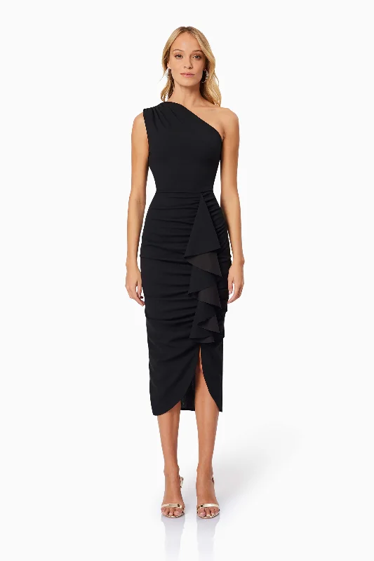 Jade One Shoulder Midi Dress In Black