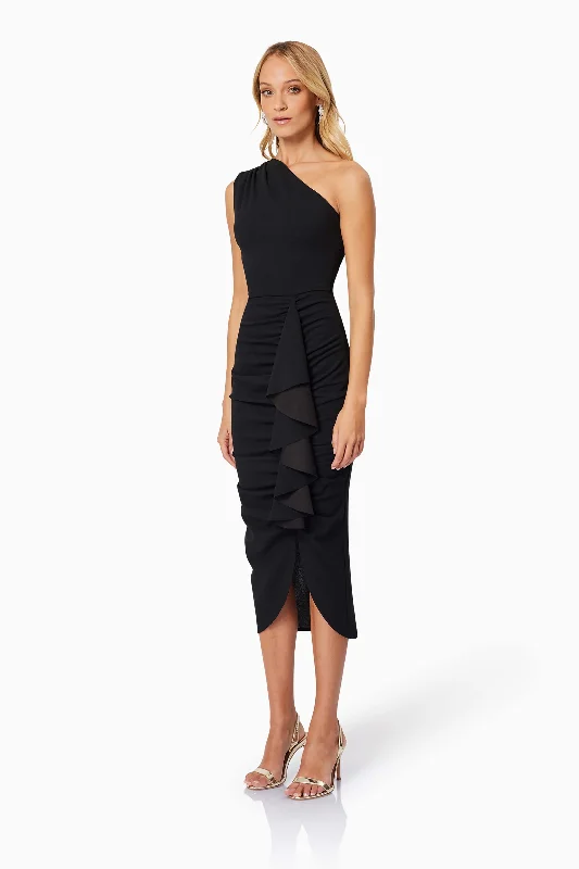 Jade One Shoulder Midi Dress In Black