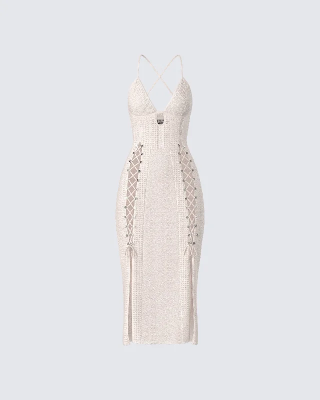 Jing Ivory Crochet Knit Midi Dress