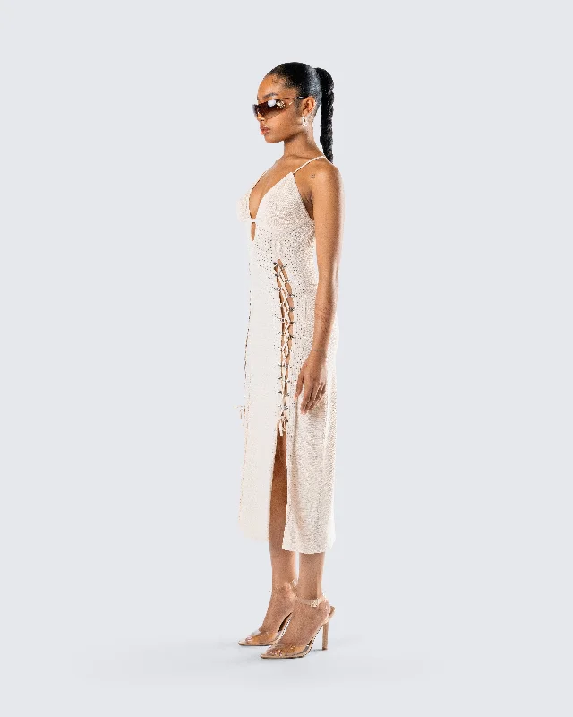 Jing Ivory Crochet Knit Midi Dress