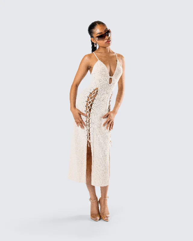 Jing Ivory Crochet Knit Midi Dress