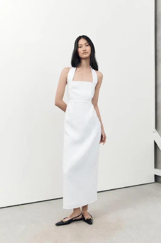 LEO WHITE HALTER LINEN MIDI DRESS