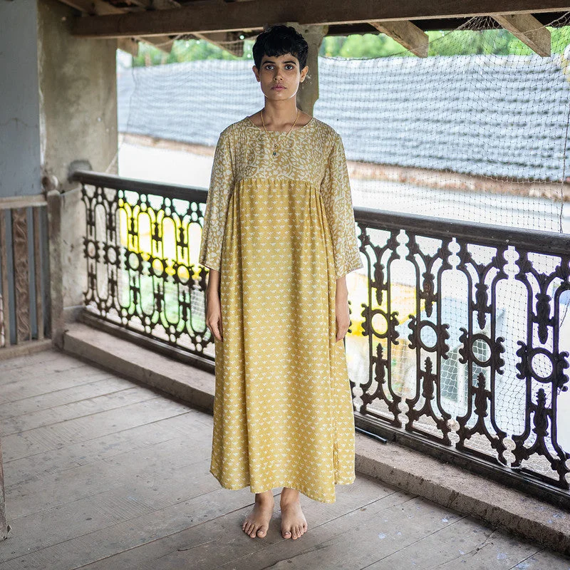 Cotton Silk Maxi Dress | Dabu Print | Loose-Fit | Yellow