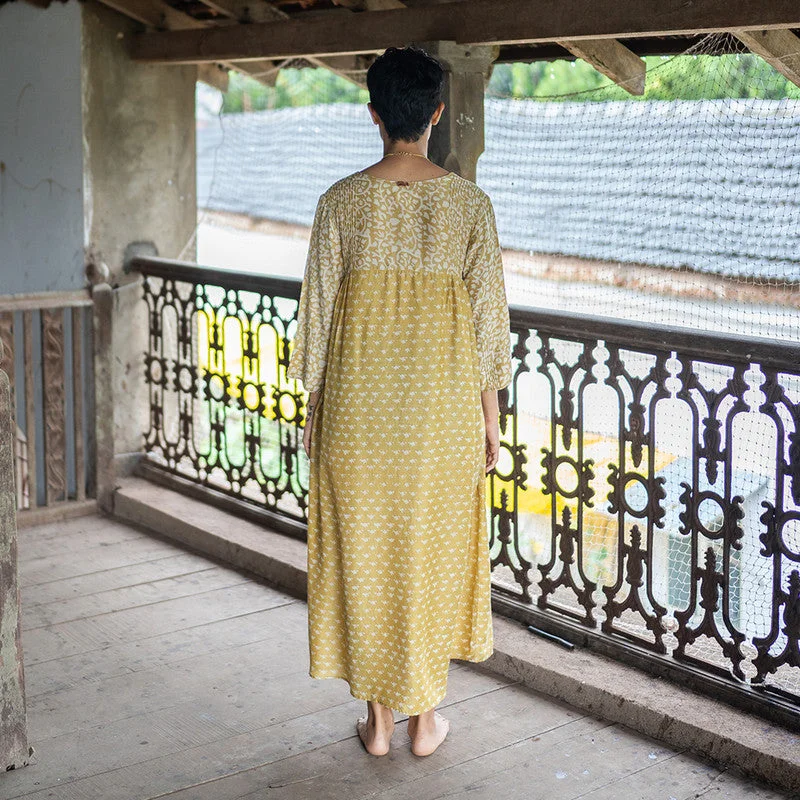 Cotton Silk Maxi Dress | Dabu Print | Loose-Fit | Yellow