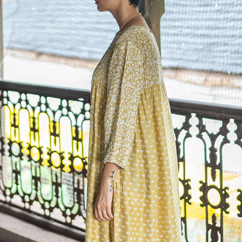 Cotton Silk Maxi Dress | Dabu Print | Loose-Fit | Yellow