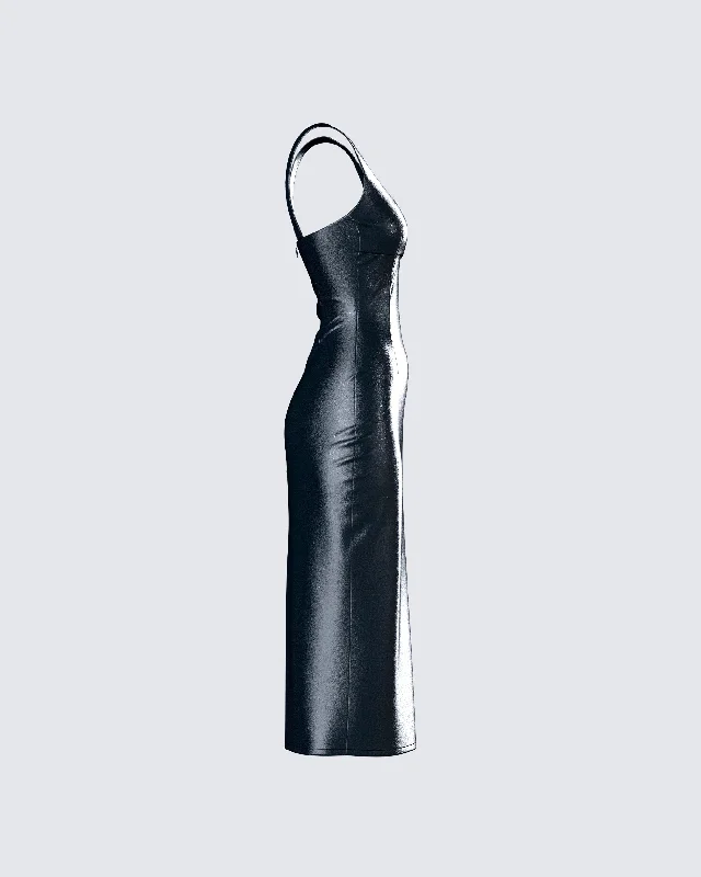 Maia Black Vegan Leather Midi Dress