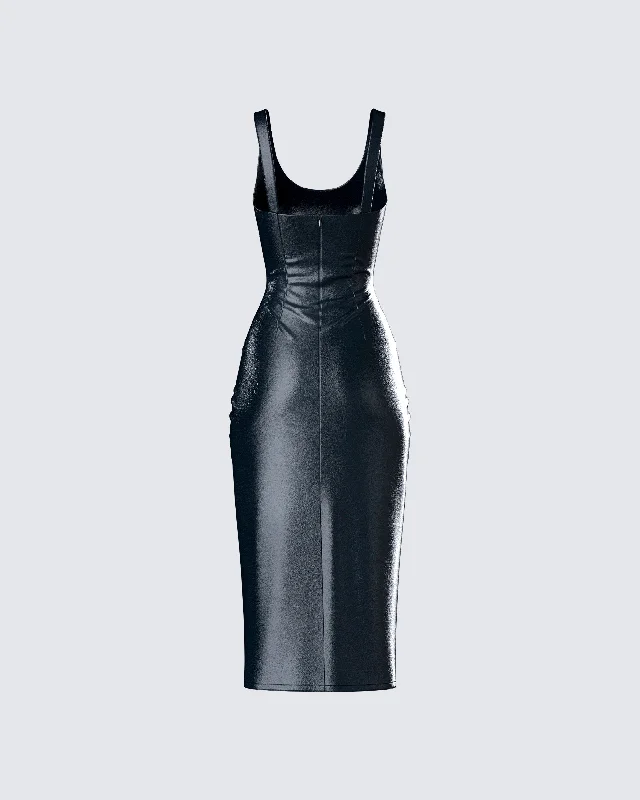 Maia Black Vegan Leather Midi Dress