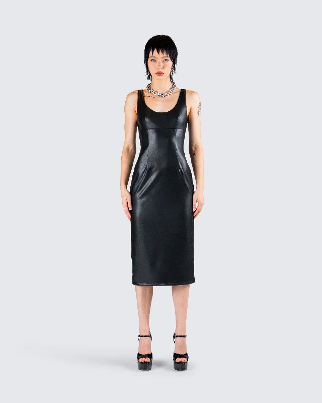 Maia Black Vegan Leather Midi Dress