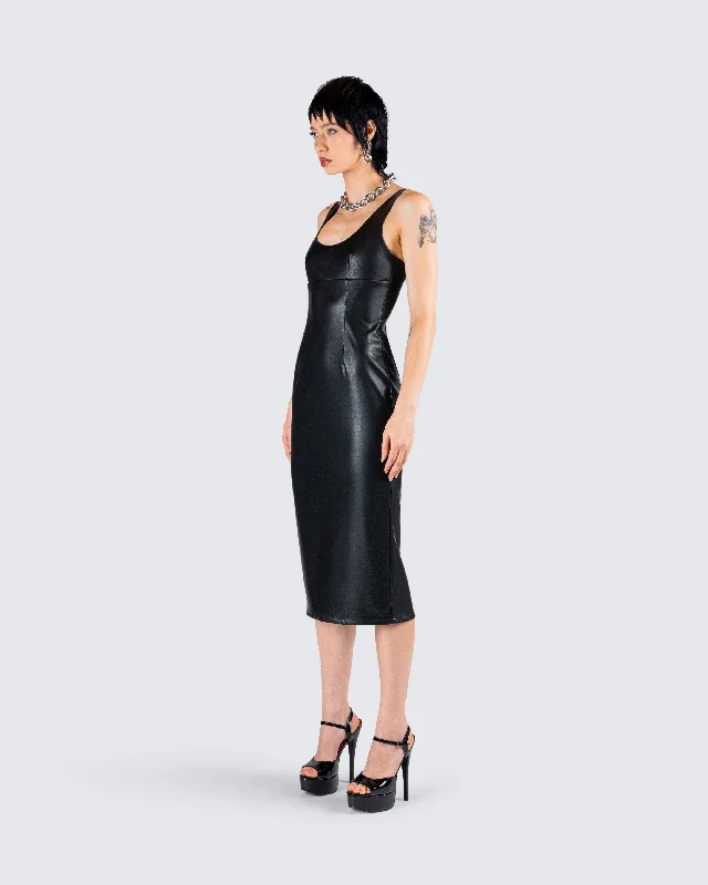 Maia Black Vegan Leather Midi Dress