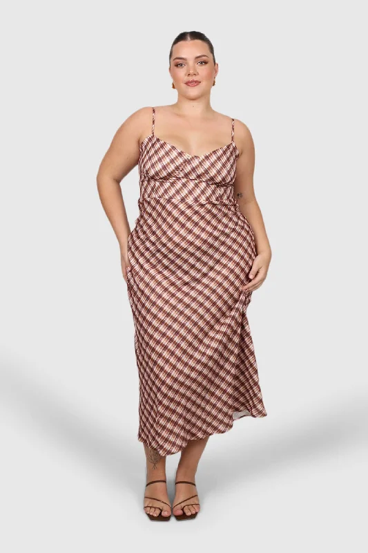 MARGOT SLIP MIDI DRESS BROWN CHECK