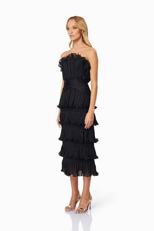 Maya Pleated Midi Dress in Black