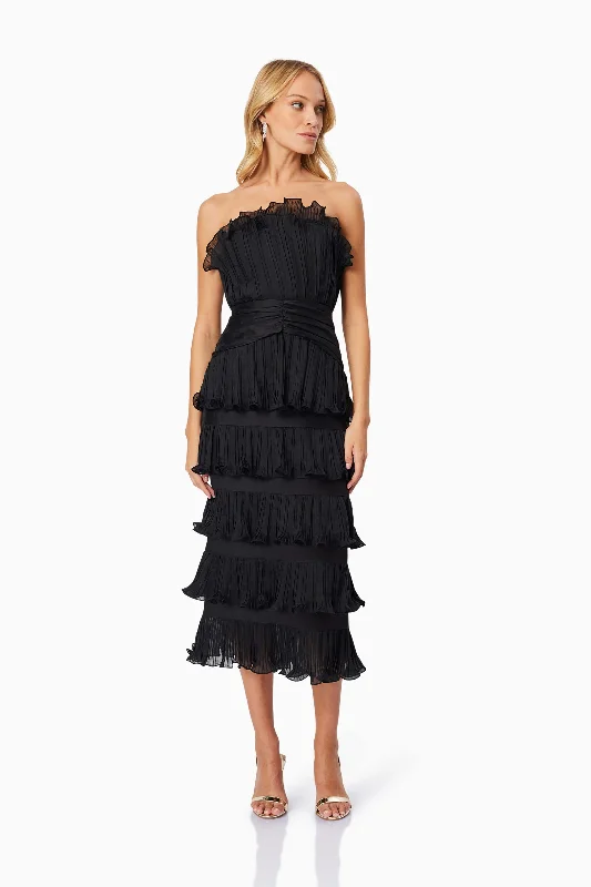 Maya Pleated Midi Dress in Black