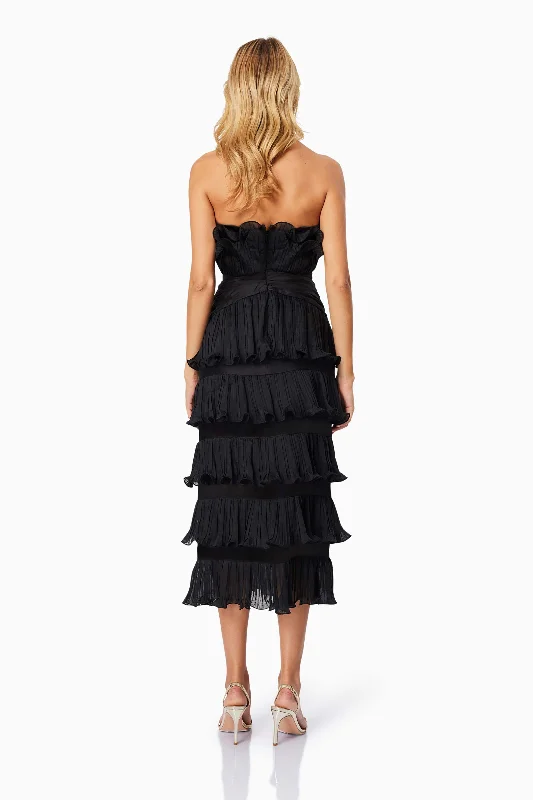 Maya Pleated Midi Dress in Black