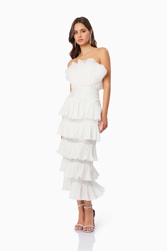 Maya Pleated Midi Dress in White