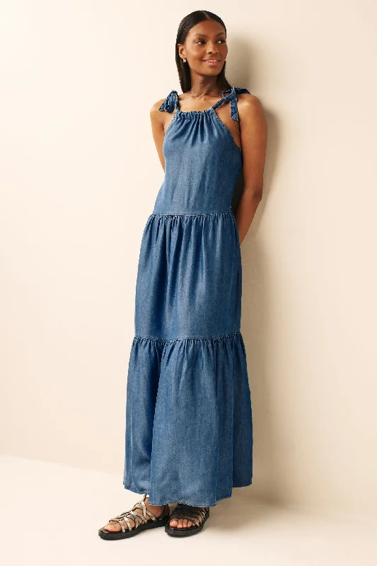 Mid Blue TENCEL™ Tie Shoulder Tiered Maxi Dress