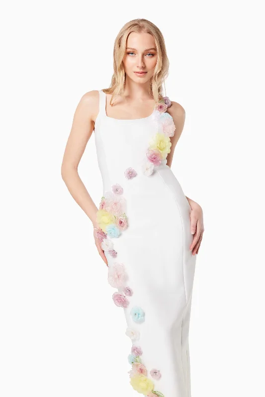 Motif 3D Floral Midi Dress In White