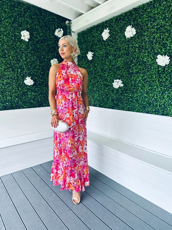 Paloma Pink Floral Tie Neck Maxi Dress