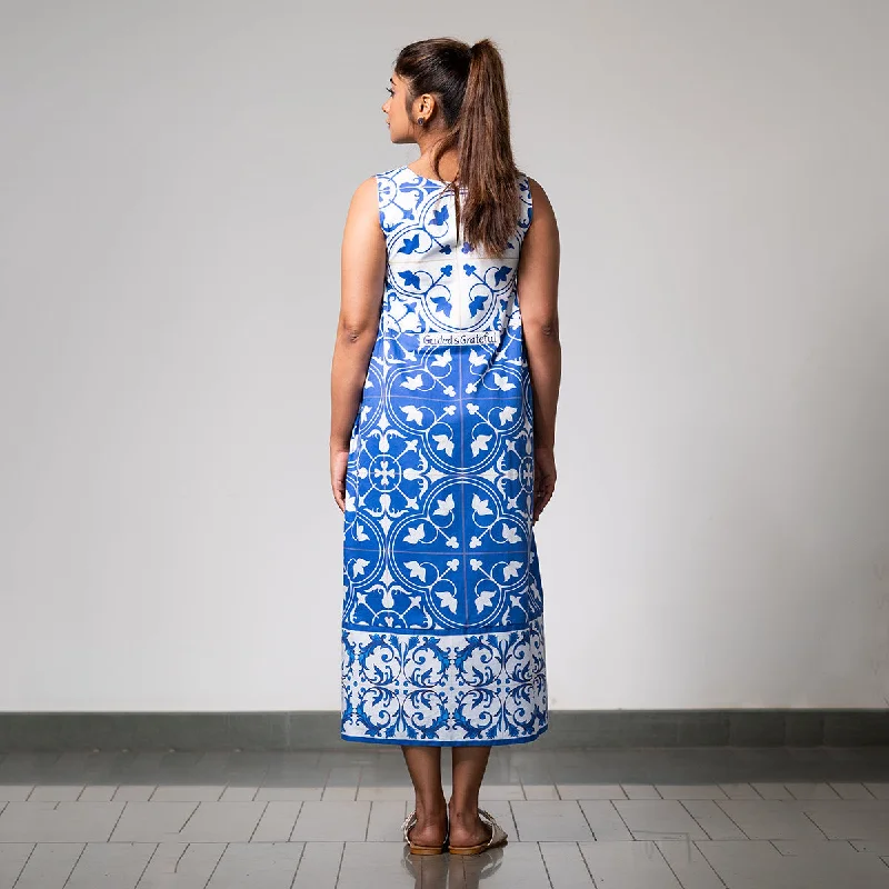 Cotton Satin Maxi Dress for Women | Digital Print | White & Blue