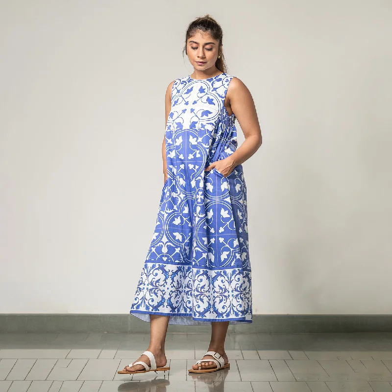 Cotton Satin Maxi Dress for Women | Digital Print | White & Blue