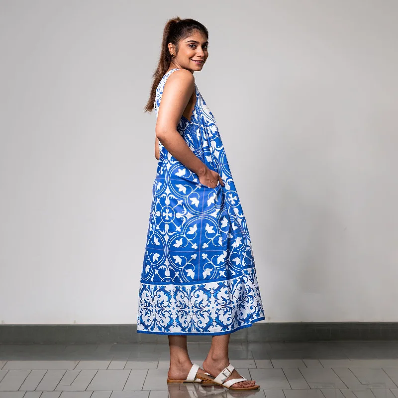 Cotton Satin Maxi Dress for Women | Digital Print | White & Blue