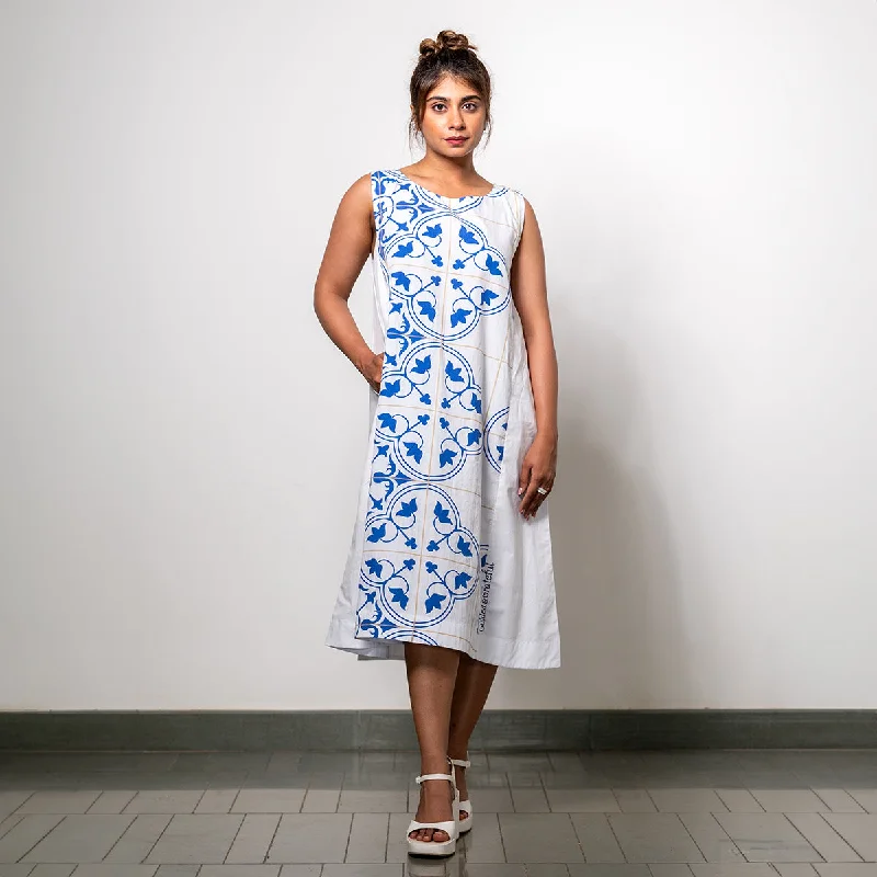 Poplin A-Line Maxi Dress for Women | Digital Print | White & Blue