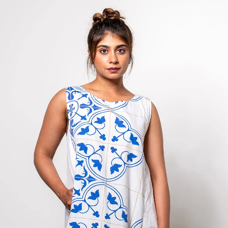 Poplin A-Line Maxi Dress for Women | Digital Print | White & Blue