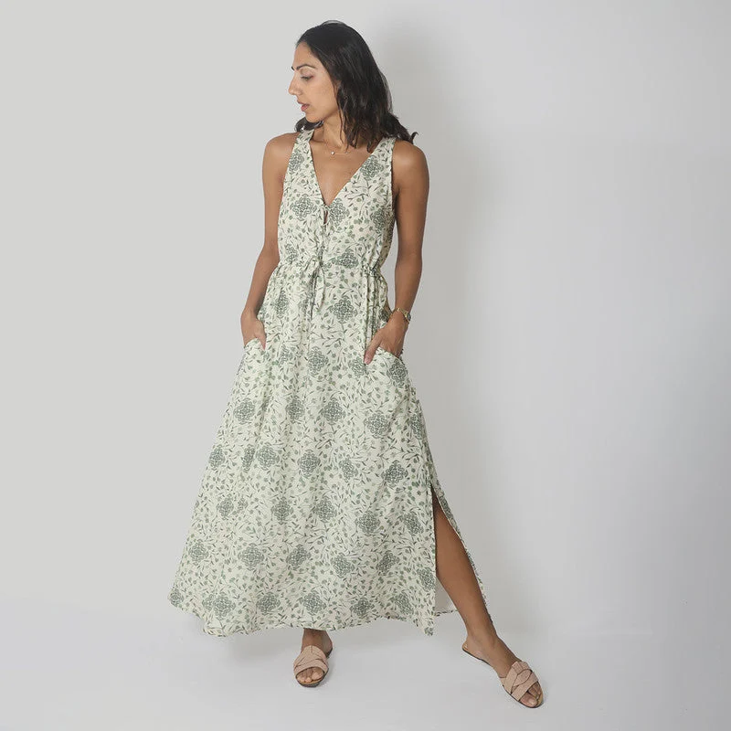 Bemberg Crepe Maxi Dress | Sleeveless | Green & White