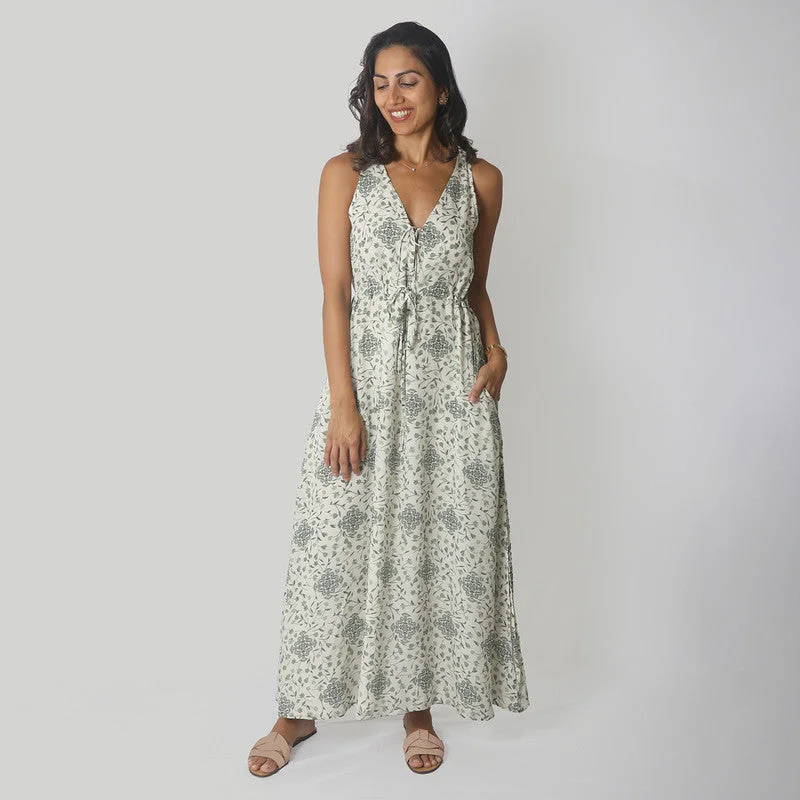 Bemberg Crepe Maxi Dress | Sleeveless | Green & White