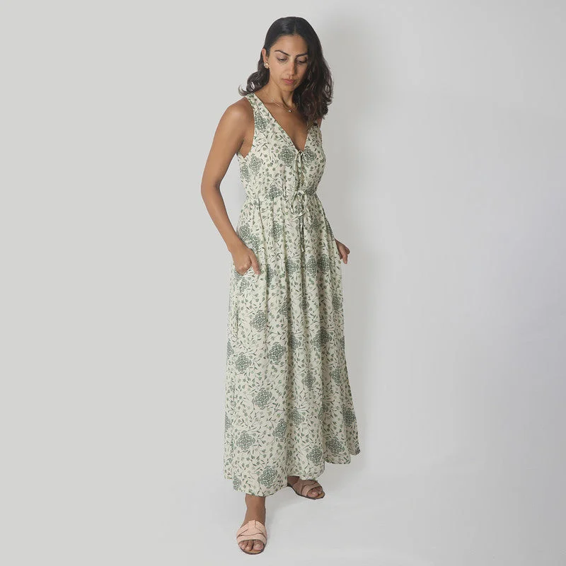 Bemberg Crepe Maxi Dress | Sleeveless | Green & White