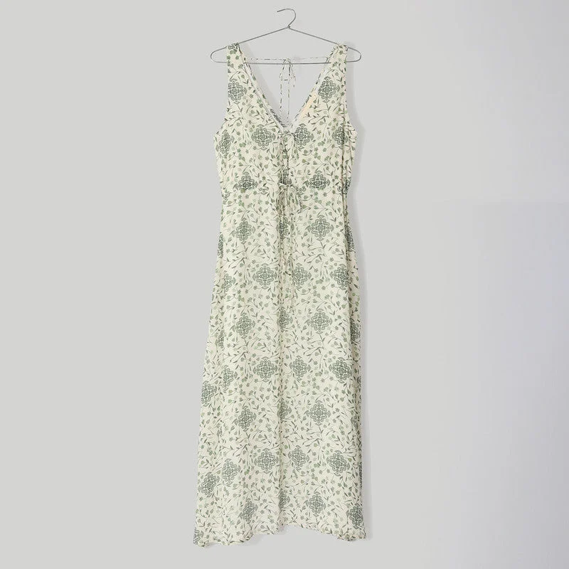 Bemberg Crepe Maxi Dress | Sleeveless | Green & White