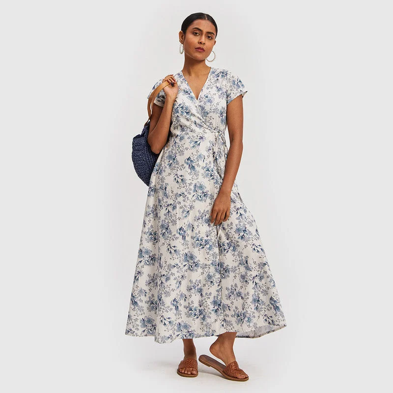 Cotton Poplin Maxi Wrap Dress | Floral Print | White & Blue