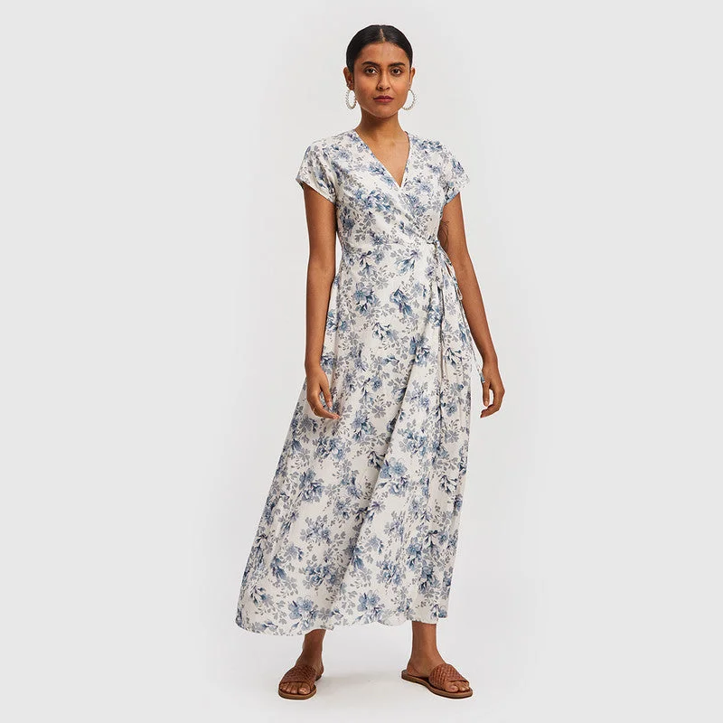 Cotton Poplin Maxi Wrap Dress | Floral Print | White & Blue