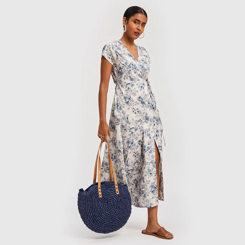 Cotton Poplin Maxi Wrap Dress | Floral Print | White & Blue