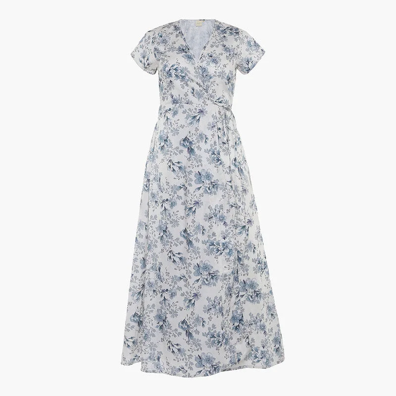 Cotton Poplin Maxi Wrap Dress | Floral Print | White & Blue