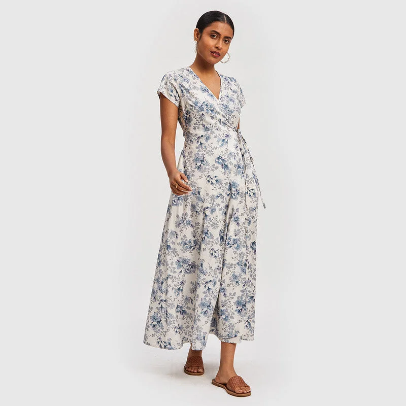 Cotton Poplin Maxi Wrap Dress | Floral Print | White & Blue