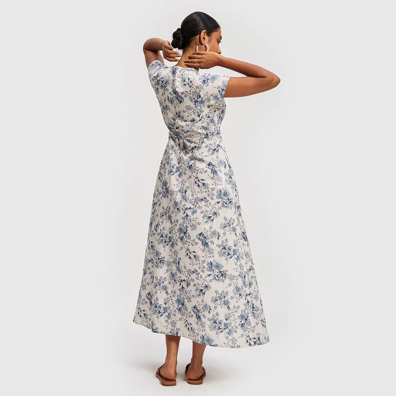 Cotton Poplin Maxi Wrap Dress | Floral Print | White & Blue