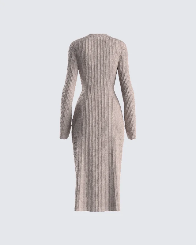 Rejina Taupe Wide Rib Midi Dress