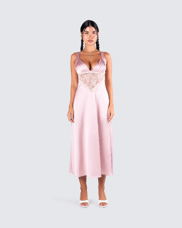 Saba Pink Satin Lace Midi Dress