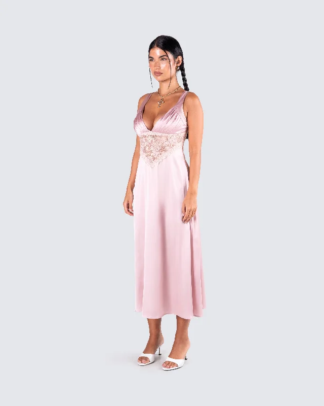 Saba Pink Satin Lace Midi Dress