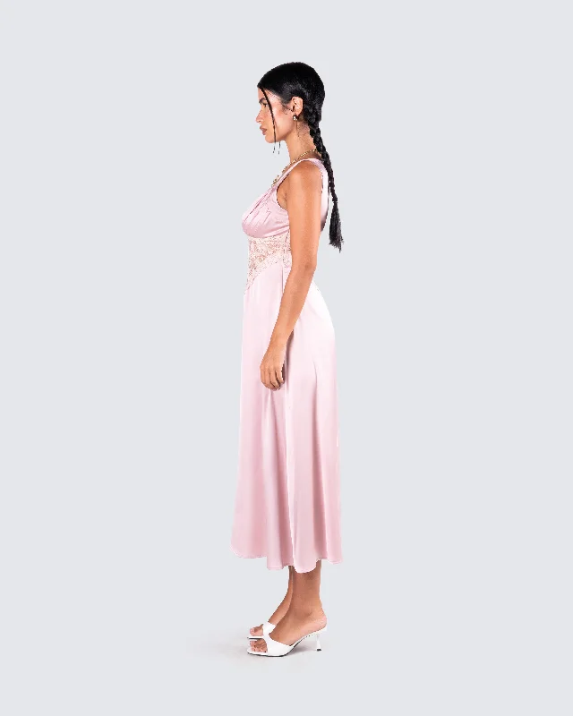 Saba Pink Satin Lace Midi Dress