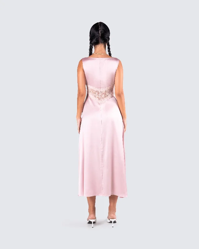 Saba Pink Satin Lace Midi Dress