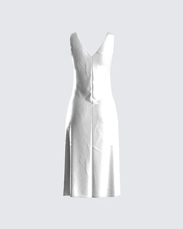 Saskia White Satin Slit Midi Dress