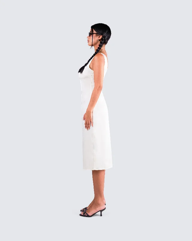 Saskia White Satin Slit Midi Dress