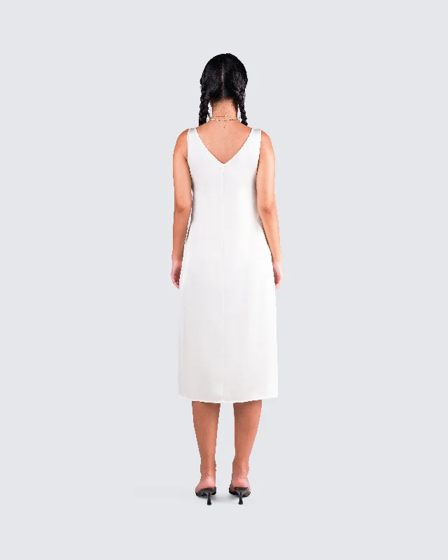 Saskia White Satin Slit Midi Dress