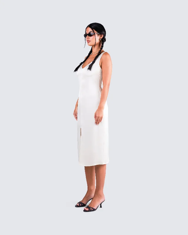 Saskia White Satin Slit Midi Dress