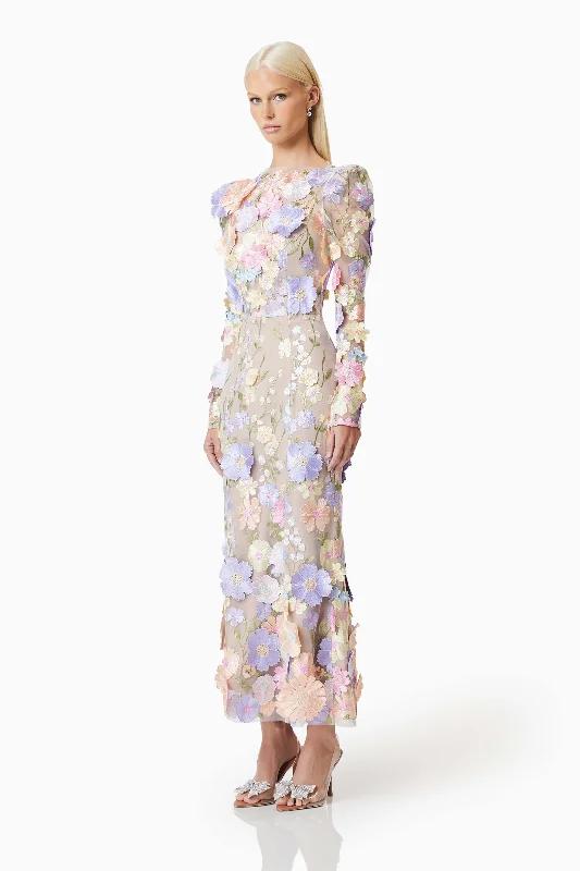 Shannon 3D Floral Midi Dress In Purple